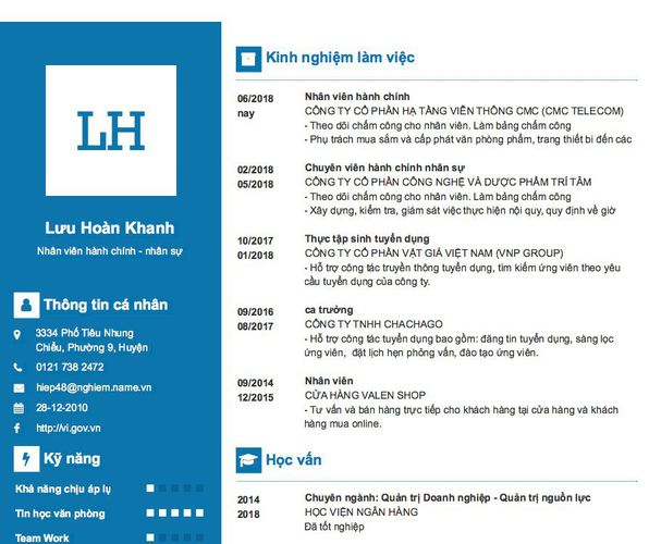 Mẫu CV Nhân viên hành chính - nhân sự