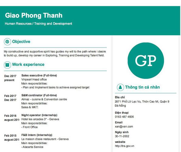 Mẫu CV Human Resources / Training and Development