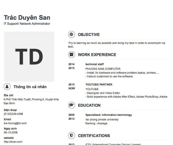 Mẫu CV IT Support/ Network Administrator