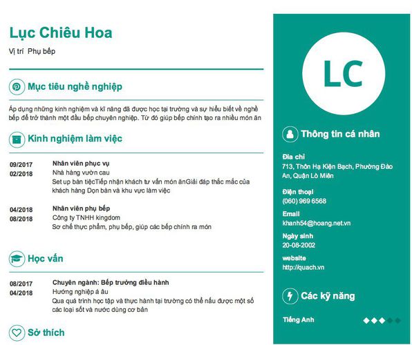 Mẫu CV Vị trí  Phụ bếp