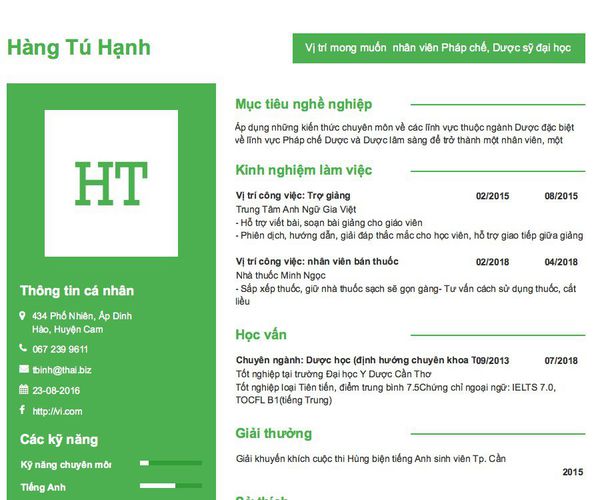 Gợi ý cách viết Mẫu CV tham khảo Vị trí mong muốn  nhân viên Pháp chế, Dược sỹ đại học