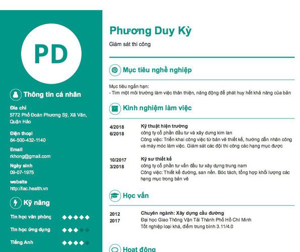 Mẫu CV Giám sát thi công