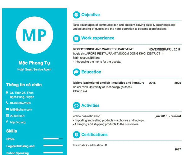 Mẫu CV Hotel Guest Service Agent