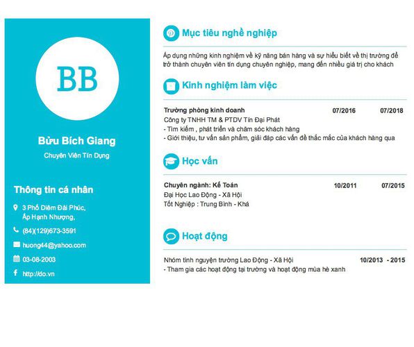 Mẫu CV Chuyên Viên Tín Dụng