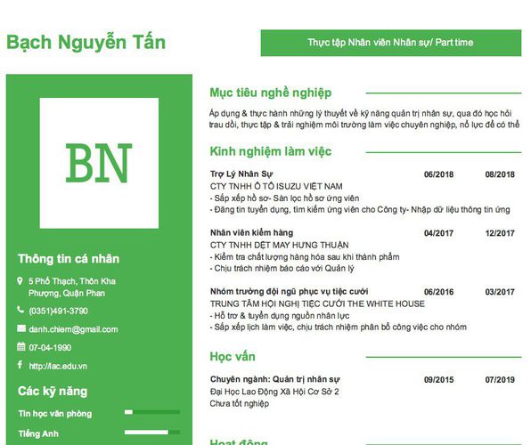 Mẫu CV Thực tập Nhân viên Nhân sự/ Part time