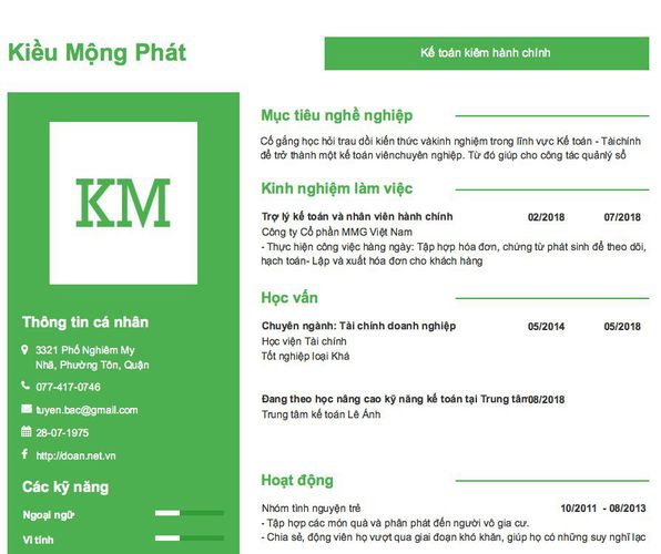 Mẫu CV Kế toán kiêm hành chính