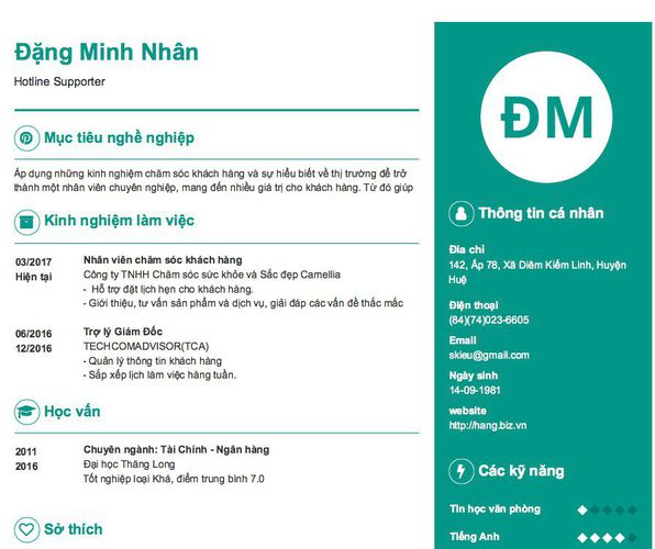 Mẫu CV Hotline Supporter