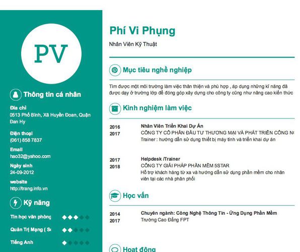 Mẫu CV Nhân Viên Kỹ Thuật