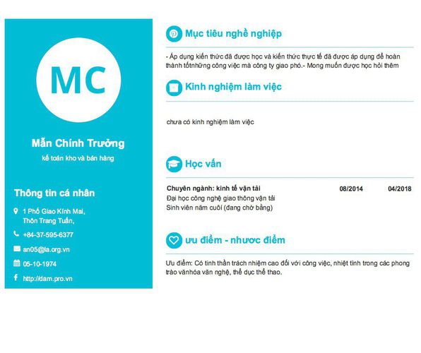 Mẫu CV kế toán kho và bán hàng