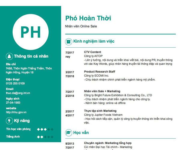 Mẫu CV Nhân viên Online Sale