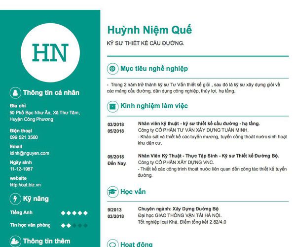 Mẫu CV KỸ SƯ THIẾT KẾ CẦU ĐƯỜNG.