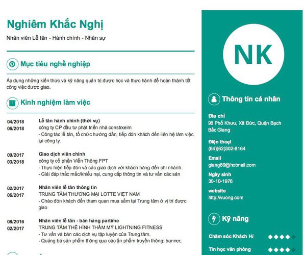 Gợi ý cách viết Mẫu CV tham khảo Nhân viên Lễ tân - Hành chính - Nhân sự