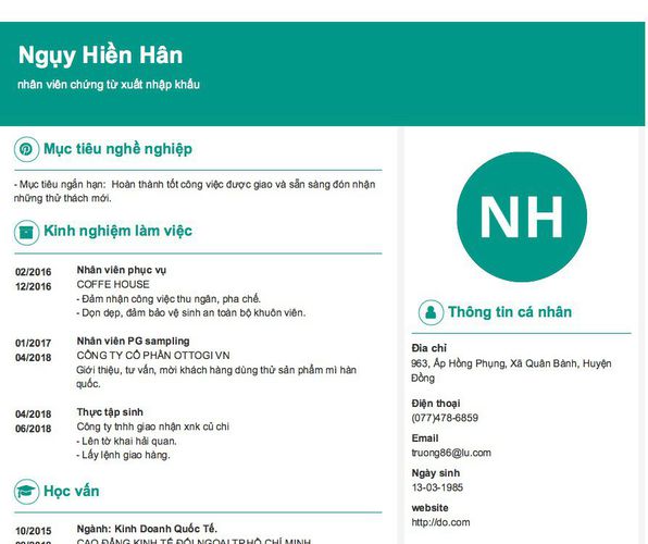 Mẫu CV nhân viên chứng từ xuất nhập khẩu
