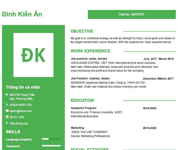 Mẫu CV Cashier, BaRISTA