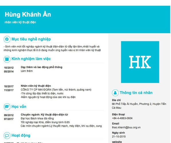 Mẫu CV nhân viên kỹ thuật điện