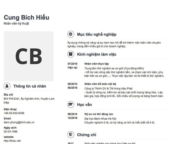 Mẫu CV Nhân viên kỹ thuật
