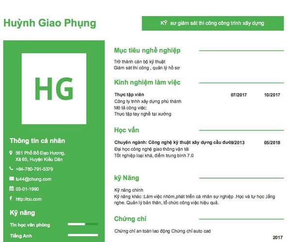 Mẫu CV KỸ  sư giám sát thi công công trình xây dựng