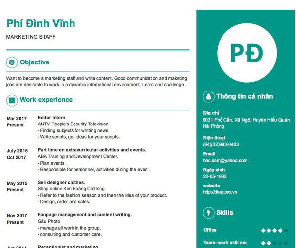 Mẫu CV MARKETING STAFF