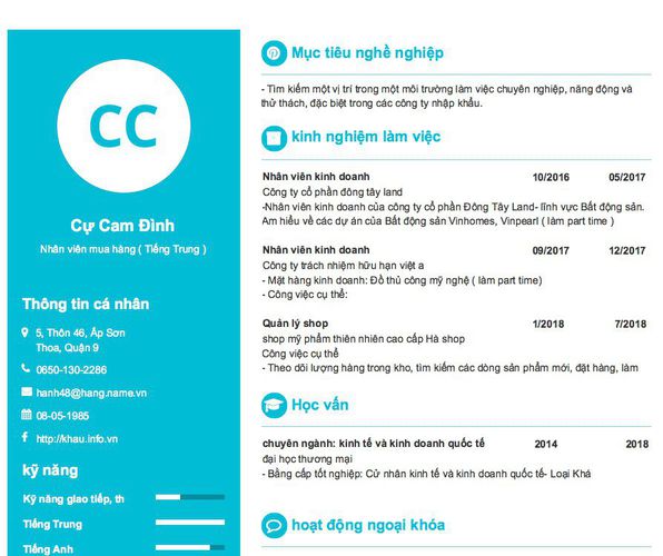 Gợi ý cách viết Mẫu CV tham khảo Nhân viên mua hàng ( Tiếng Trung )