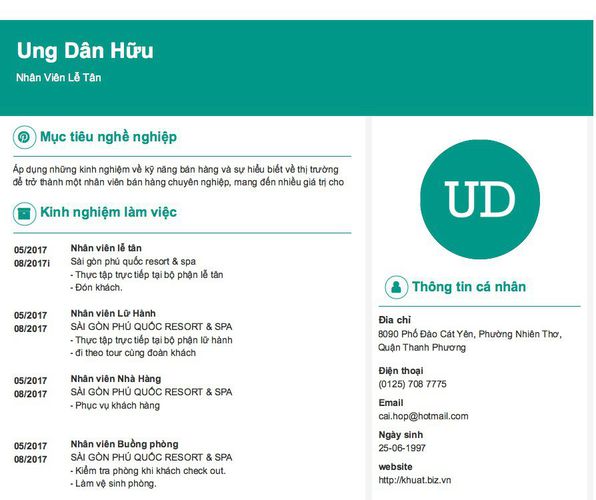 Mẫu CV Nhân Viên Lễ Tân
