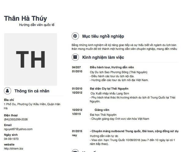 Mẫu CV                  Hướng dẫn viên quốc tế