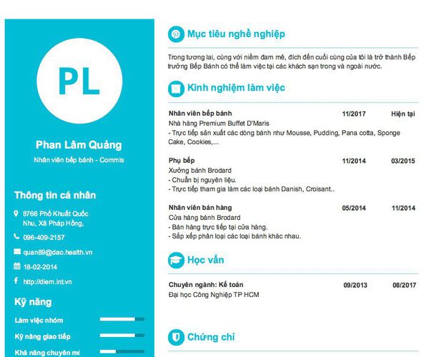 Mẫu CV Nhân viên bếp bánh - Commis