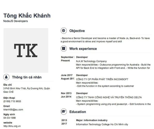 Mẫu CV NodeJS Developers