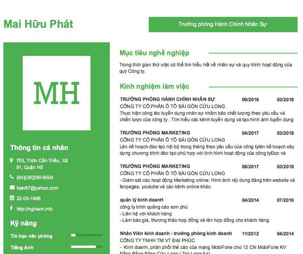 Mẫu CV Trưởng phòng Hành Chính Nhân Sự