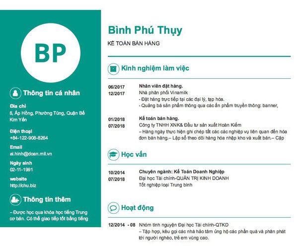 Mẫu CV KẾ TOÁN BÁN HÀNG