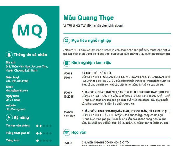 Mẫu CV VỊ TRÍ ỨNG TUYỂN:  nhân viên kinh doanh
