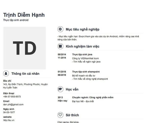 Mẫu CV Thực tập sinh android