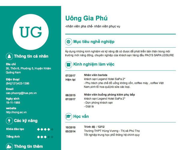 Mẫu CV -nhân viên pha chế- nhân viên phục vụ