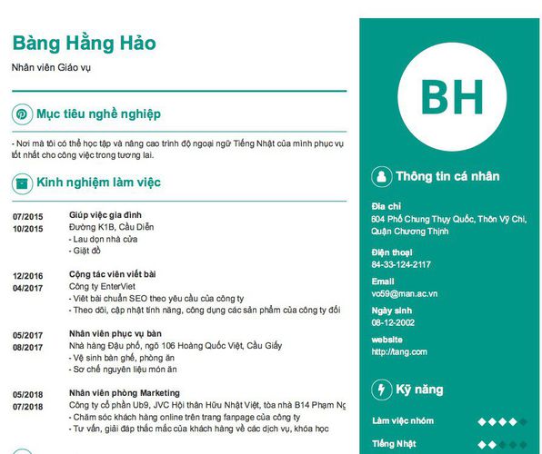 Mẫu CV Nhân viên Giáo vụ
