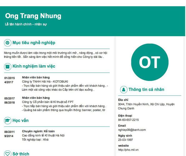 Gợi ý cách viết Mẫu CV tham khảo Lễ tân hành chính - nhân sự