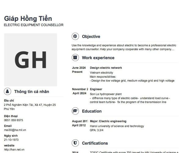 Mẫu CV ELECTRIC EQUIPMENT COUNSELLOR