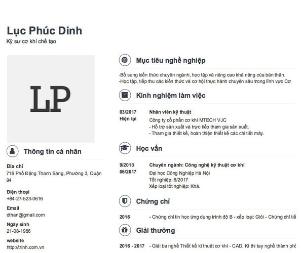 Mẫu CV Kỹ sư cơ khí chế tạo