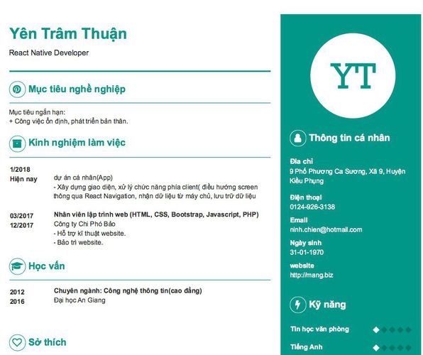 Mẫu CV React Native Developer