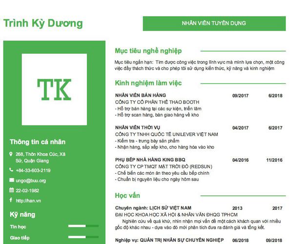 Mẫu CV NHÂN VIÊN TUYỂN DỤNG