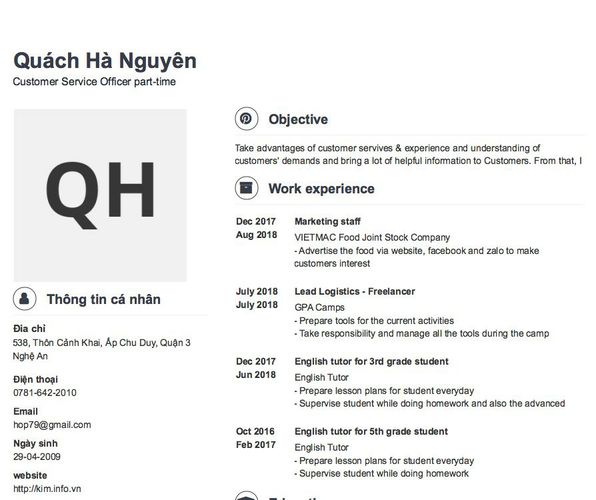 Mẫu CV Customer Service Officer part-time