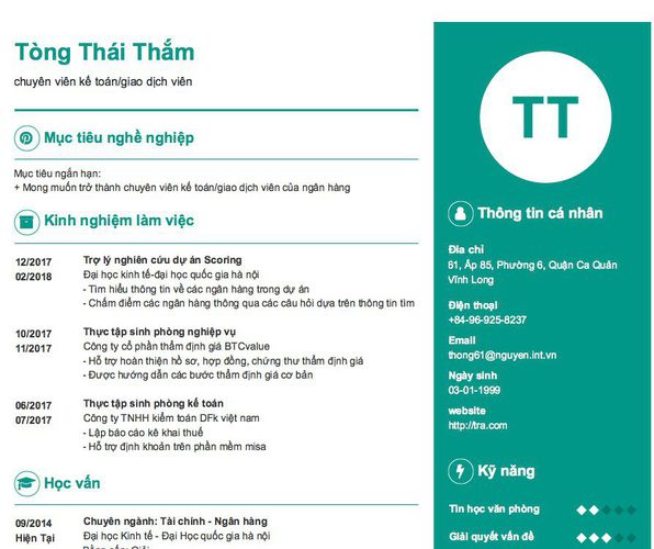 Mẫu CV chuyên viên kế toán/giao dịch viên