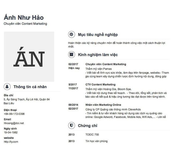 Mẫu CV Chuyên viên Content Marketing