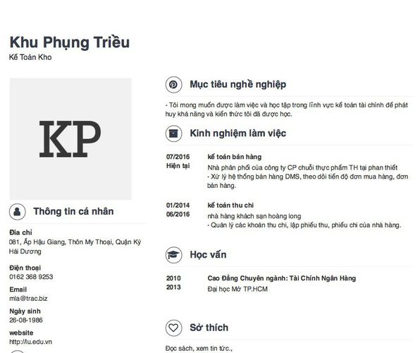 Mẫu CV Kế Toán Kho