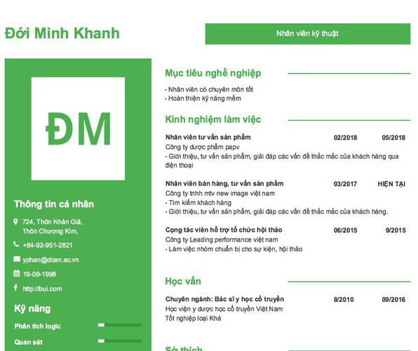 Mẫu CV Nhân viên kỹ thuật