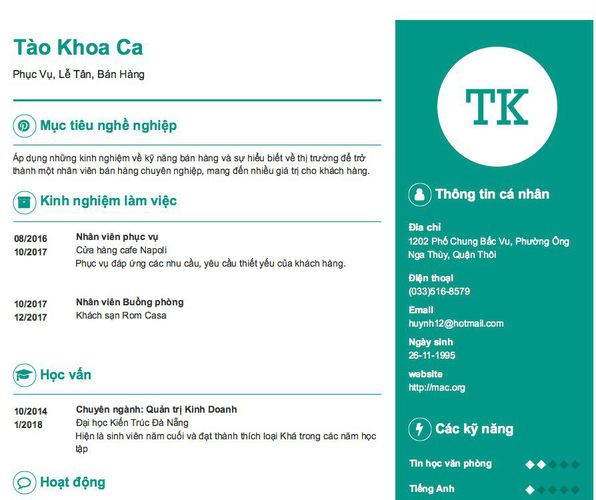 Mẫu CV Phục Vụ, Lễ Tân, Bán Hàng