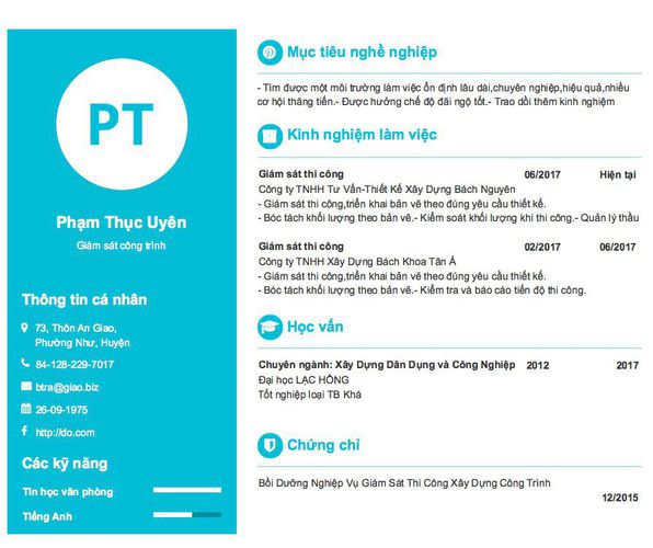 Mẫu CV Giám sát công trình