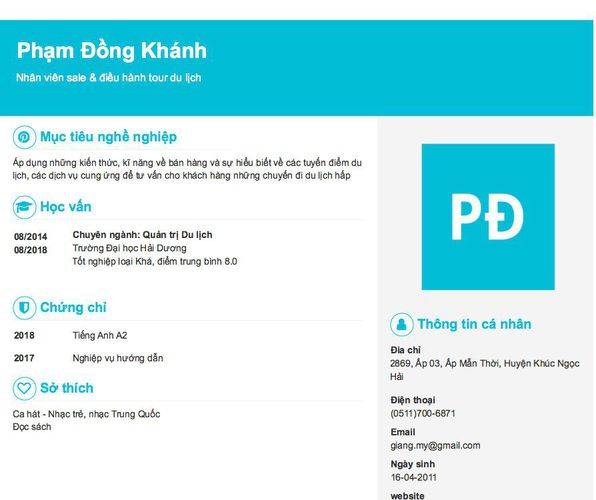 Mẫu CV Nhân viên sale & điều hành tour du lịch