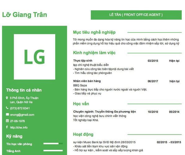 Mẫu CV LÊ TÂN ( FRONT OFFICE AGENT )