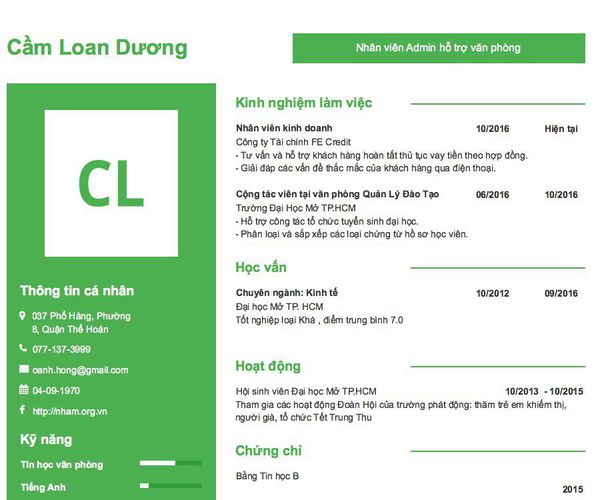 Mẫu CV Nhân viên Admin hỗ trợ văn phòng