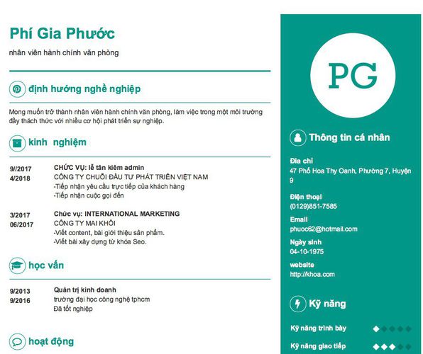 Mẫu CV nhân viên hành chính văn phòng