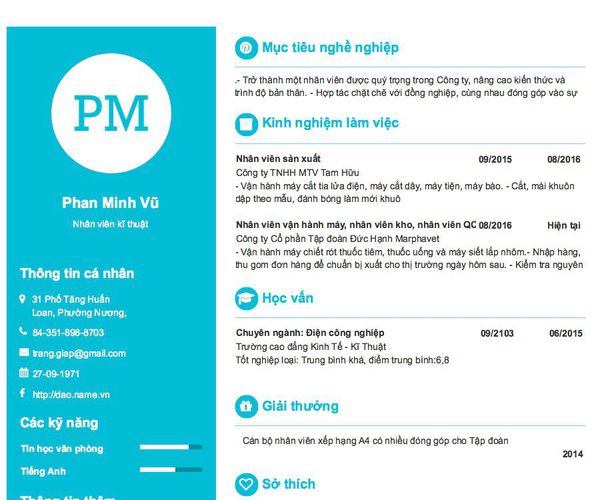 Mẫu CV Nhân viên kĩ thuật